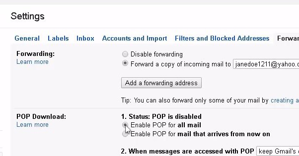 Gmail Forwarding Settings