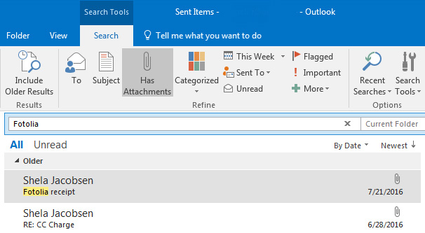 Outlook Search Results
