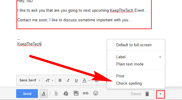 Checking Spelling Example in Gmail